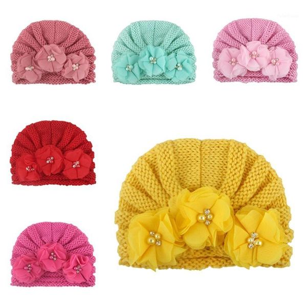 

children's wool hat baby solid color striped knit flower hat children's wool cap new autumn and winter adjustable1, Yellow