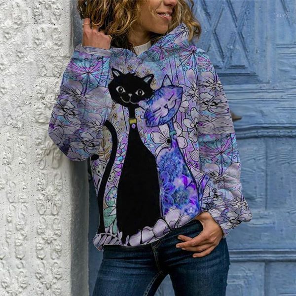 

women's hoodies & sweatshirts women hoodie hooded button fashion cat print long sleeve pullover sweatshirt 2021 mujer suÃ©teres1, Black