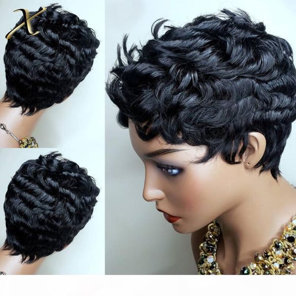 

xumoo short finger wave human remy бразильские волосы парик черный pixie cut парик full machine парики короткие парики человеческих волос дл, Black;brown