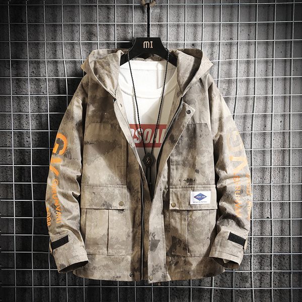 

mens hooded jacket camouflage windbreakers coat korean style hip hop japanese streetwear jackets for men kg-69, Black;brown