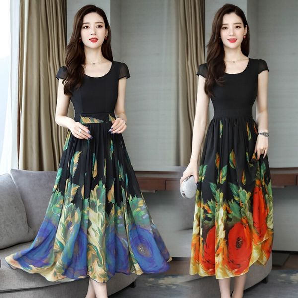 

summer aline dress long skirtcasual dress loose waist a-line skirt short sleeve round neck big swing women's skirt long fashion fvstl, Black;gray