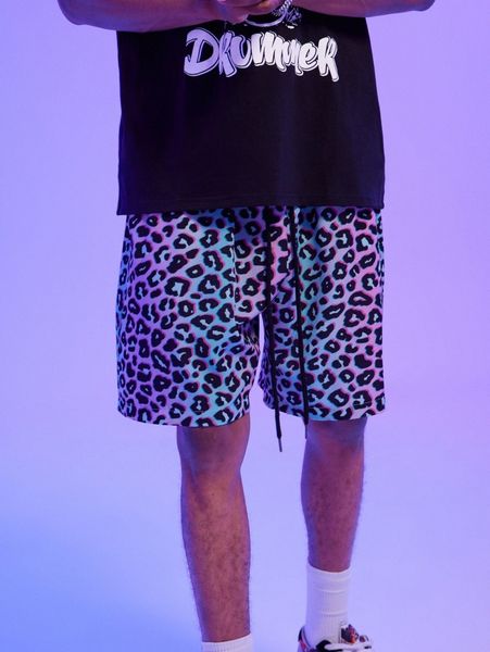 

romwe guys leopard drawstring shorts i85w#, Black