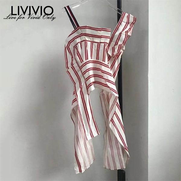 

women's tanks & camis [livivio]striped pattern ruffled camisole short sleeveless shirt with exposed umbilical slimming and irregular t, White