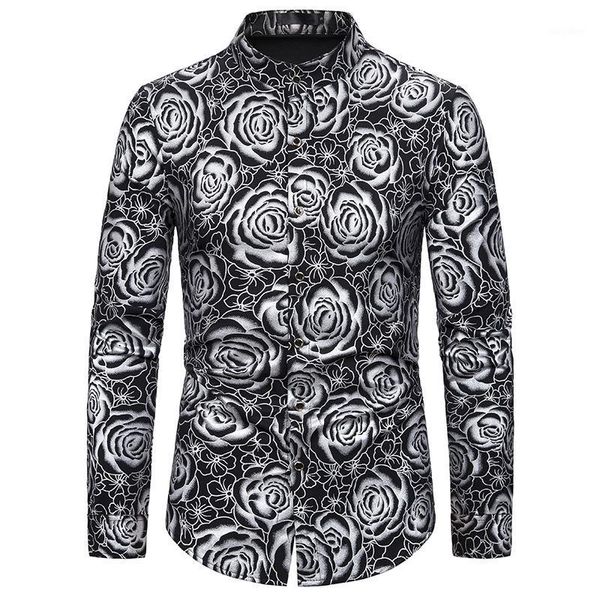 

rose floral bronzing print shirt men 2020 brand long sleeve mandarin collar dress shirt mens business wedding tuxedo shirts male1, White;black