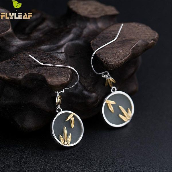

dangle & chandelier flyleaf real 925 sterling silver gold bamboo leaves round jade drop earrings for women chinese style handmade vintage je