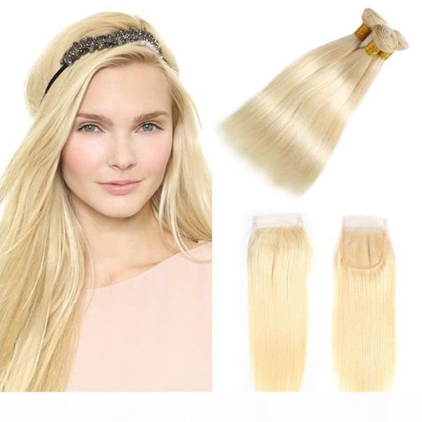 

оптовая платина блондинку прямо бразильский человеческого плетение волос с кружевом закрытие # 613 bleach blonde lace closure с 3 связки, Black;brown