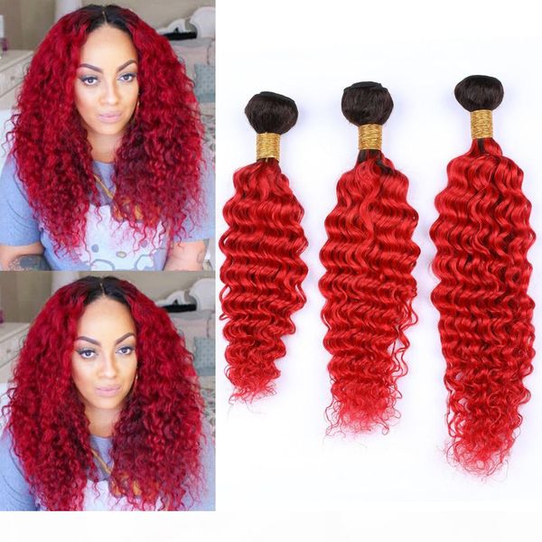 

# 1b красный ombre человеческих волос пучки deep wave virgin ombre плетение волос ярко-красный ombre глубокая волна завитые бразильский чело, Black