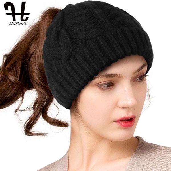 FURTALK Ponytail Beanie Hat Donna Winter Skullies Berretti per bambini Baby Female Winter Runner Messy Bun Ponytail Hat Cap Y201024