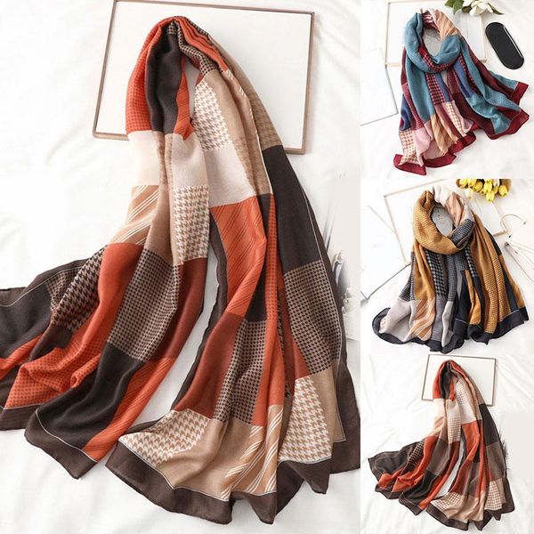 

scarves winter fashion long soft women warm scarf cotton linen shawl head female foulard hijab splicing color plaid for, Blue;gray