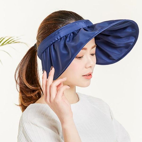 

womens summer cap ultra-large wide brim color block sun visor hat foldable round empty beach cap1, Blue;gray