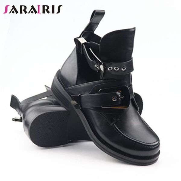 

sarairis classic girl casual med heel boots solid round toe buckle winter boots women sewing winter designer shoes woman, Black