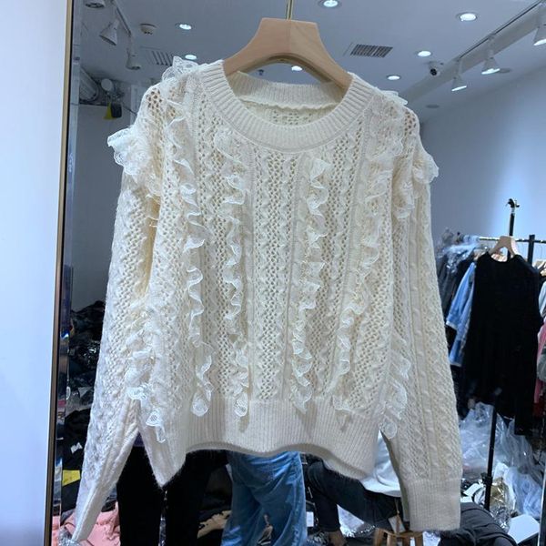 

women's sweaters 2021 autumn lace lotus leaf side playing bottom knit sweater long-sleeved round collar sweet girl.vintage, White;black