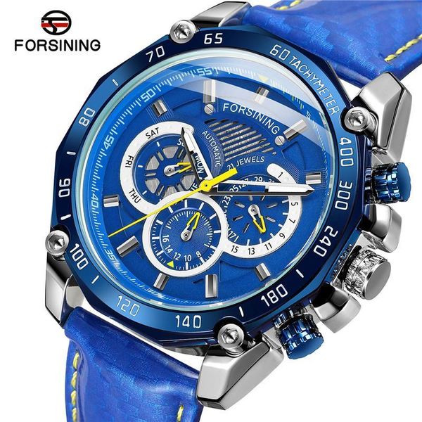 Forsingiance автоматические механические мужчины наручные часы армии спортивные часы мужские часы синий настоящий кожаный мужчина часы 032