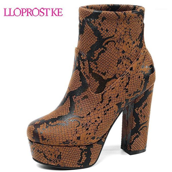 

boots lloprost ke winter print snake leather women ankle footwear thick high heels female platform short boot shoes h6341, Black