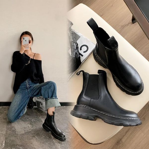 

boots sweet layer cow skin flat women's autumn 2021 with muffin bottom round head comfortable and, Black
