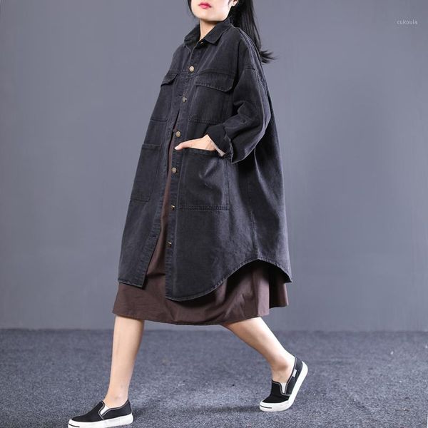 

ewq] 2020 spring autumn loose solid color full sleeve single breasted lapel collar vintage windbreaker women large size 6551, Tan;black