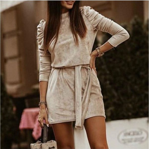 

turtleneck puff sleeve party mini dresses women autumn winter velvet warm dress casual solid long sleeve sashes slim dress lj201202, Black;gray