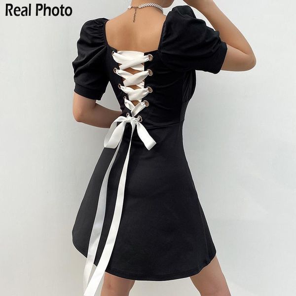 

casual dresses rapwriter gothic cross lace up square collar party dress women 2021 vintage short sleeve high waist summer black vestido1, Black;gray