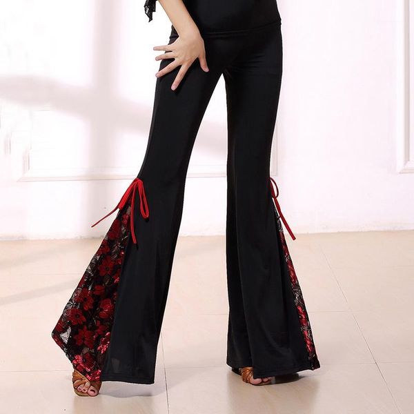 

fashion modern lace flower latin dance costume practice clothes long trousers for female/women,ballroom performance wears1, Black;red