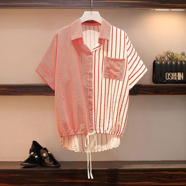 

women spring summer style blouses shirts lady casual half sleeve striped printed turn-down collar loose blusas zz07021, White