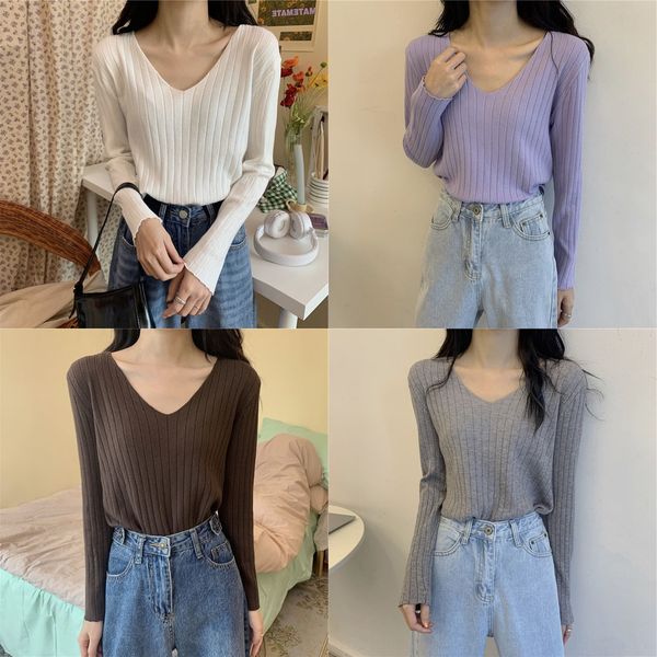 

korean loose and versatile pullover pulloverpulloverearly autumn v-neck long sleeve pullover t-shirt for women's outer wear s5uwg s5, White;black