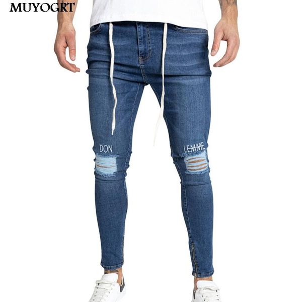 

muyogrt straight fit buttons long pants brand ripped jeans skinny stretch denim pants newly designer men jeans, Blue