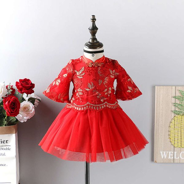 

sle ba zhang summer national medium sve fake two piece drs girl's embroidered yarn princs skirt 1903, Red;yellow