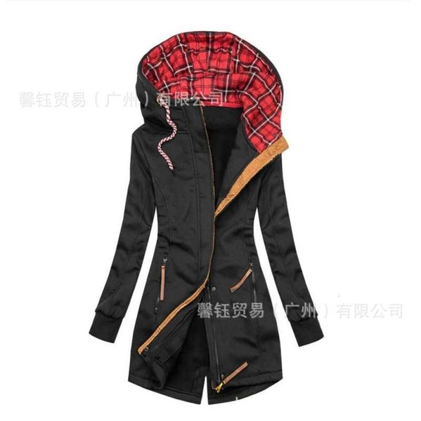 

print autumn 2020 women's fashion plaid hooded high neck zipper pocket sweater coat, Black
