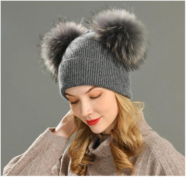 

big fur ball hat female fur pom poms spring hats for women wool knitted bea qylmws, White