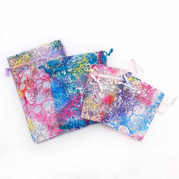 

20pcs 7*9/9*12/10*15cm drawstring organza bags gradient coral pattern jewelry packaging bags wedding gift jewelry pouches1