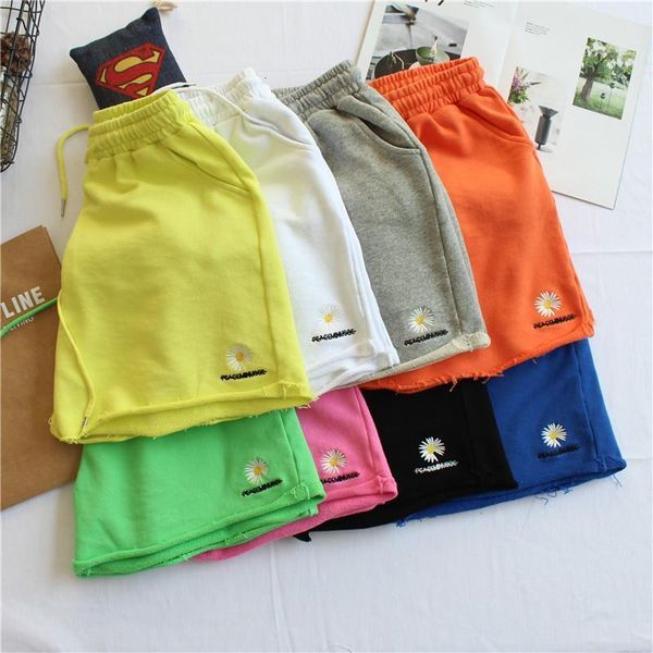 

simple cotton women shorts summer 2020 new flower embroidery casual shorts pocket elastic waist loose basic shorts gray, White;black