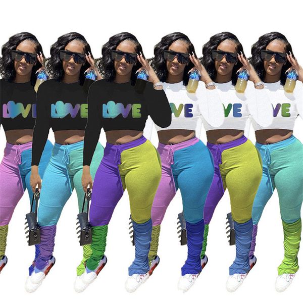 

женщины cousssit буквы любовь длинные рукава толстовки урожай контрастный цвет плиссированные брюки брюки двух частей наряды спортивный кост, White