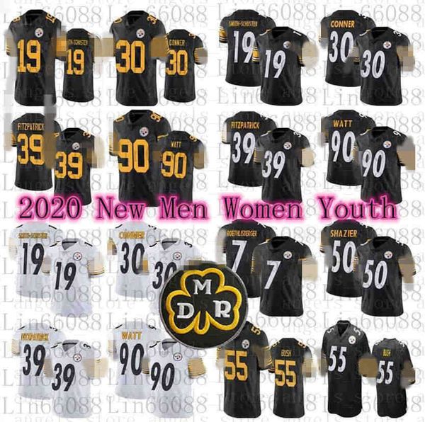 

2020 new men women youth pittsburgh steeler 19 juju smith-schuster 90 t.j. tj watt shazier bush conner minkah fitzpatrick jersey, Black;red