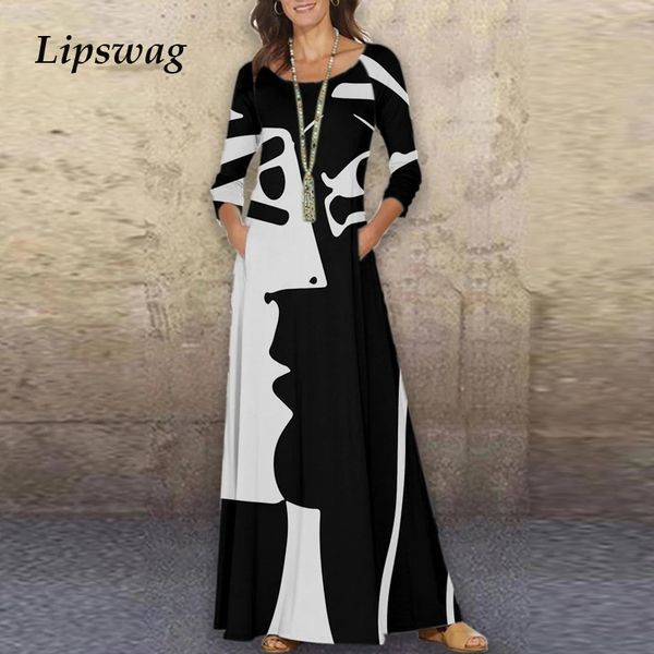 

women 2020 autumn elegant lantern long sleeves dress new fashion o-neck solid maxi dresses ladies 5xl casual loose dress vestido y0118, Black;gray