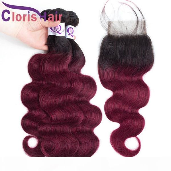 

full head 4pcs burgundy ombre body wave human hair weaves closure red colored malaysian virgin human hair 3 bundles with lace closure, Black;brown