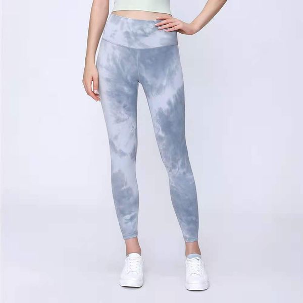 

european and american high end nylon pocket sanding tie dye tight exercise pants high waist lu-66 yoga pants, White;red