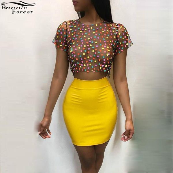 

bonnie forest high waist yellow mini skirt + see-through dot printed women's party nightclub two 2 piece set outfit1, Gray