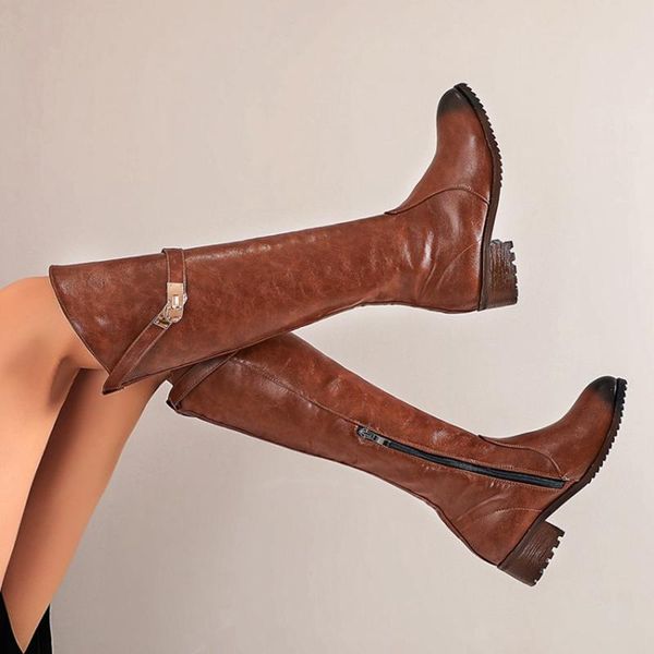 

ladies knee high boots square heels shoes round toe autumn winter plush warm knights women boots big size 34-48 c61-41, Black