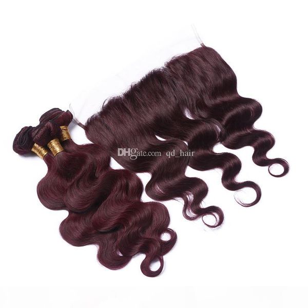 

dark wine red 99j body wave hair 3 bundles with lace frontal 13x4 unprocessed burgundy human hair bundles with lace frontal, Black