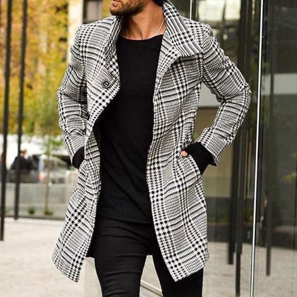 

korean men wool coats overcoat male winter warm clothes wool outwear long black white plaid blends male coat plus size