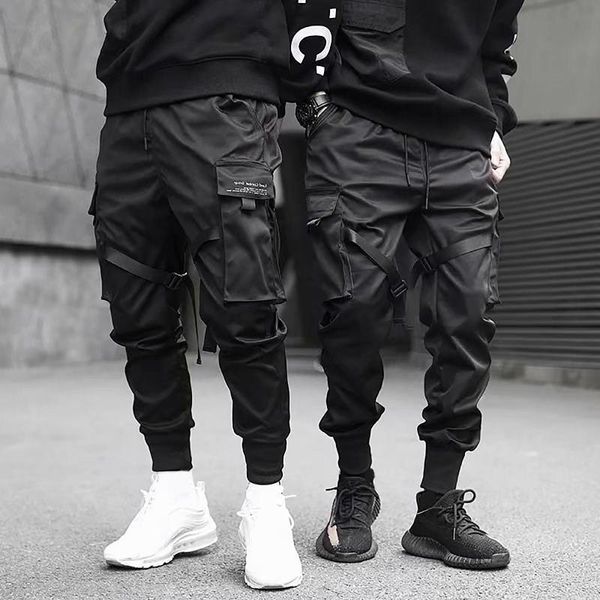 

men sweatshirts jogging pants men casual pants fashion drawstring multi pockets straps ankle tied cargo long trousers, Black