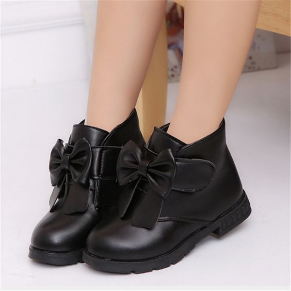 

girls boots ankle bow pu leather kids winter boots for girls little children shoes autumn winter solid black red size 26-36 lj200903, Black;grey