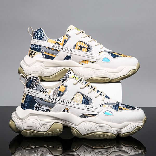 

trend breathable korean graffiti wild sports shoes men's fashion lace-up platform height increasing sneakers, Black