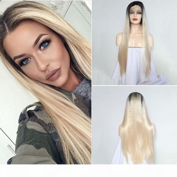 

charisma synthetic lace front wigs ombre platinum blonde long silky sraight wig glueless heat friendly fiber for black women