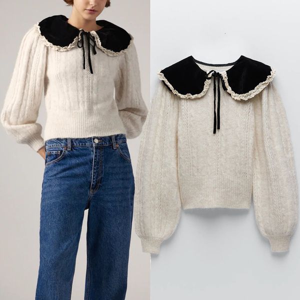 

2021 new women autumn winter cropped knitted sweater woman contrast bow velvet peter-pan-collar long puff sleeve pullover o7ab, White;black