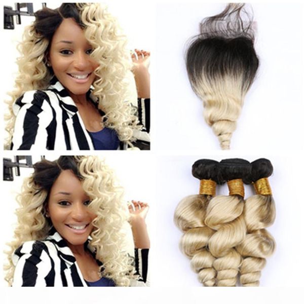 

malaysian human hair blonde ombre wavy weaves with closure 3bundles #1b 613 blonde ombre loose wave human hair wefts with 4x4 lace closure, Black