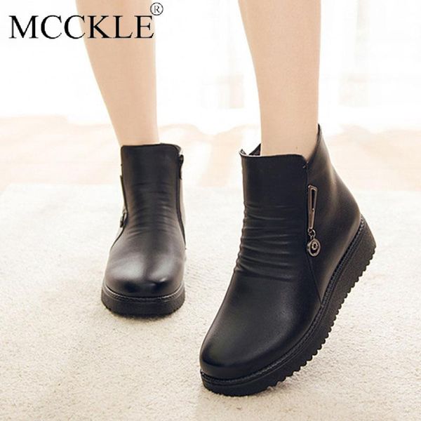 

boots women warm snow winter woman buckle zipper ankle boot ladies pu leather low heel female fashion casual shoes, Black