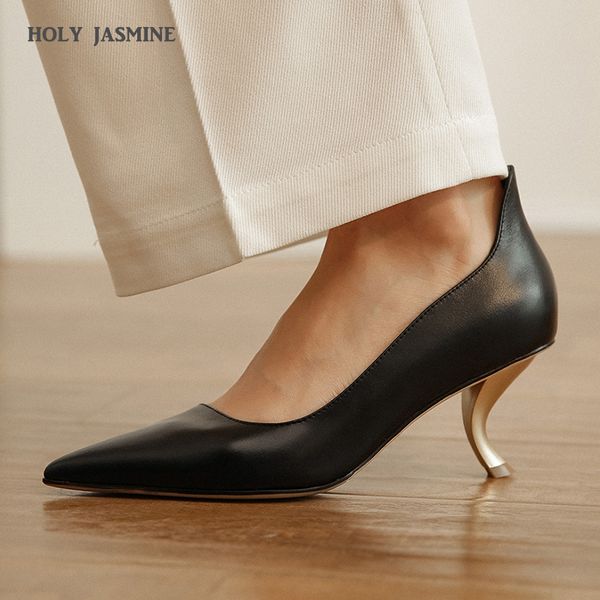 

2020 spring new fashion woman pointed toe cat heels pumps genuine leather women shoes v shape slip on high heels soft lazy shoes lj200928, Black