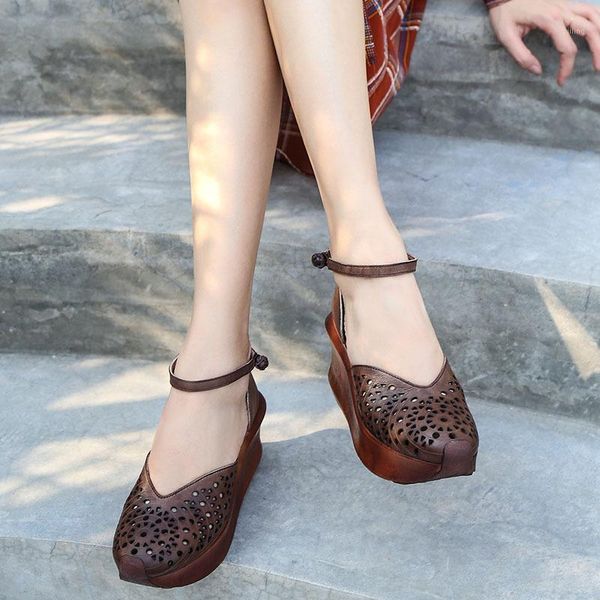 

sandals yourseason 2021 summer women genuine leather shoes retro buckle strap ladies casual wedges hollow platform sandals1, Black