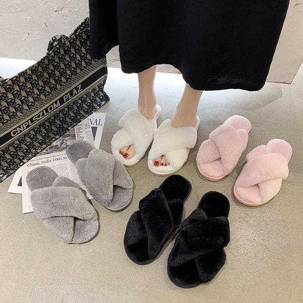 

order indoor home wool slippers cross small rabbit hair open toe han banchao, Black